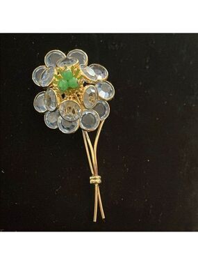 CORO Corocraft Blue Crystal & Green Flower Gold tone Brooch